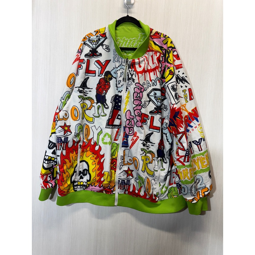 Born Fly Reversible Graffiti Bomber Jacket Mens Lime Green Streetwear 2002